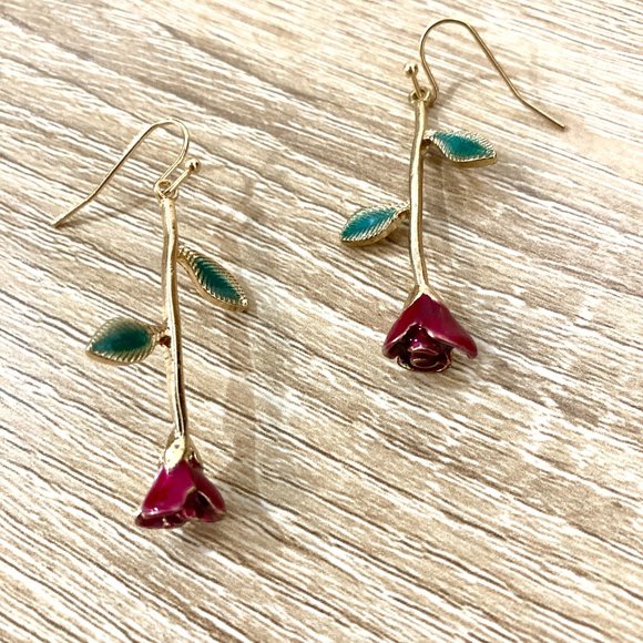Crimson Red Rose Stem Leaflet Drop Dangle Gold Earrings - Picture 3 of 6